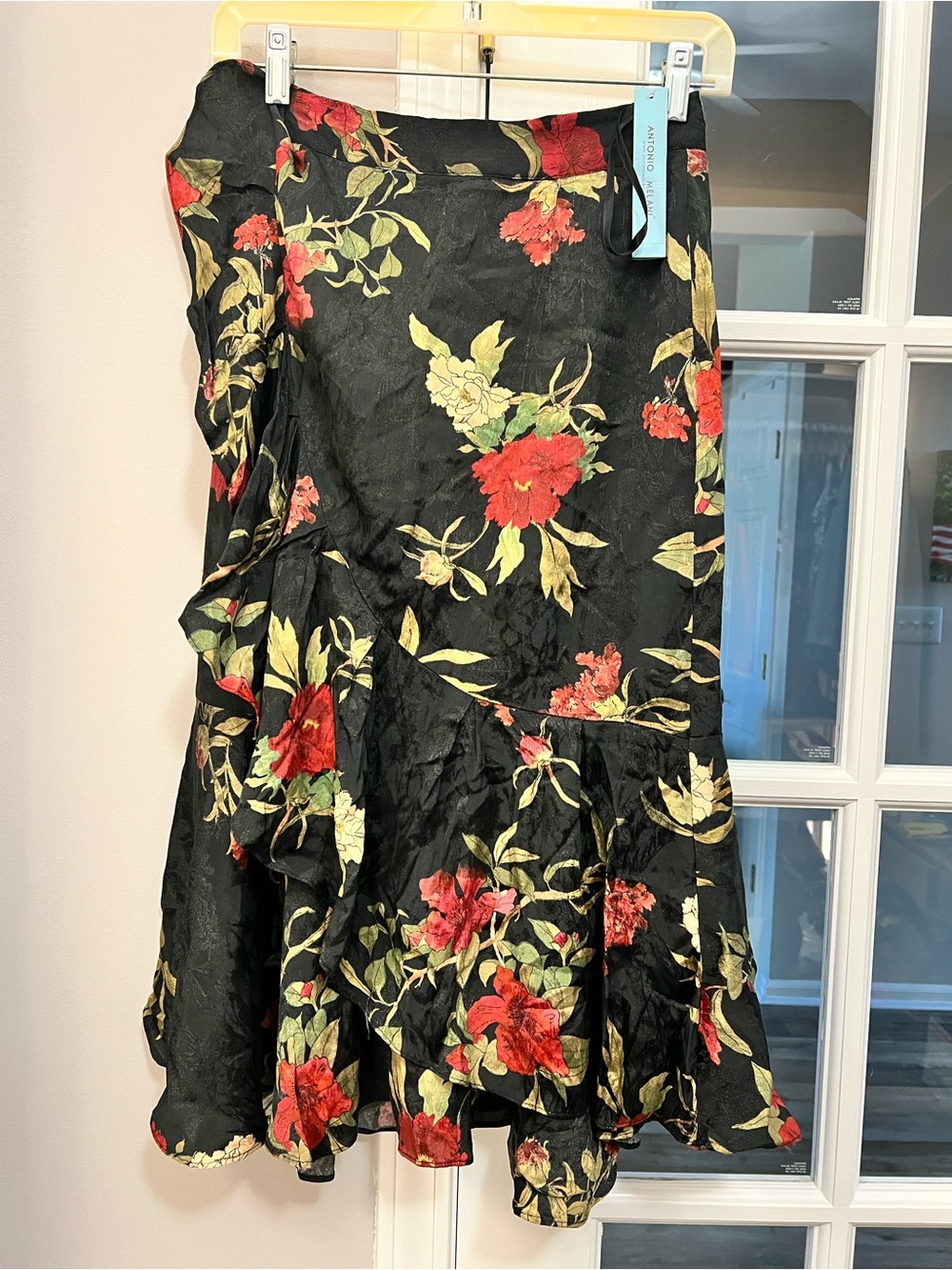 ANTONIO MELANI Black Midi Genny Skirt with ruffles and floral print sz 0 NWT